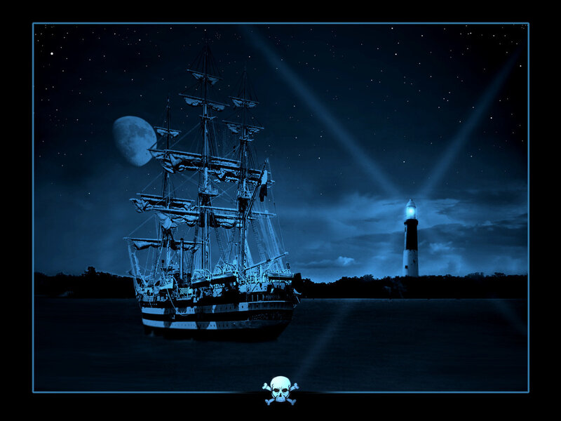 Sailing Ship at Night — Blue, Dramatic, Digital Art, Moon, Lighthouse