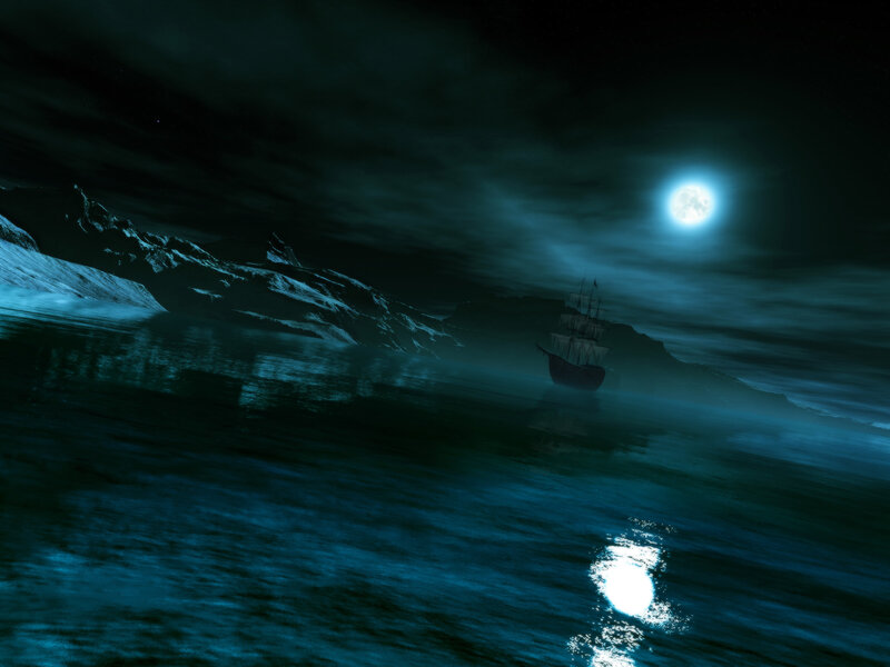 Sailing Ship at Night — Blue, Dramatic, Digital Art, Moon, Mountains