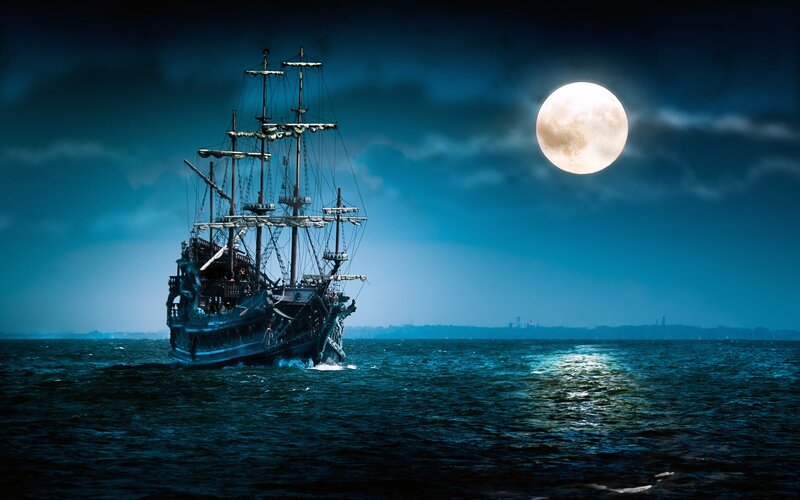 Sailing Ship at Night — Blue, Dramatic, Digital Art, Moon, Ocean, Clouds, Black, White