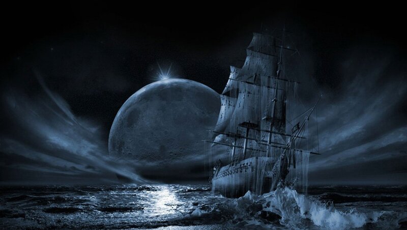 Sailing Ship at Night — Blue, Dramatic, Digital Art, Moon, Ocean, Clouds