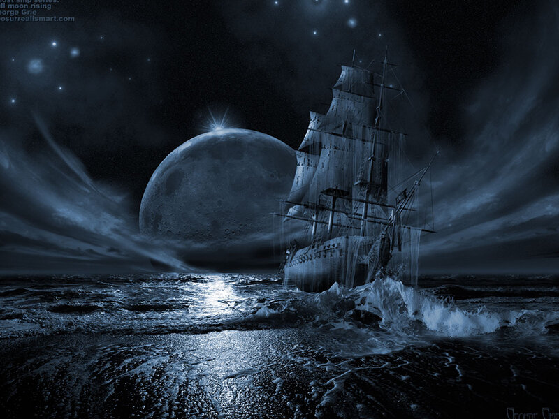 Sailing Ship at Night — Blue, Dramatic, Digital Art, Moon, Ocean, Stars
