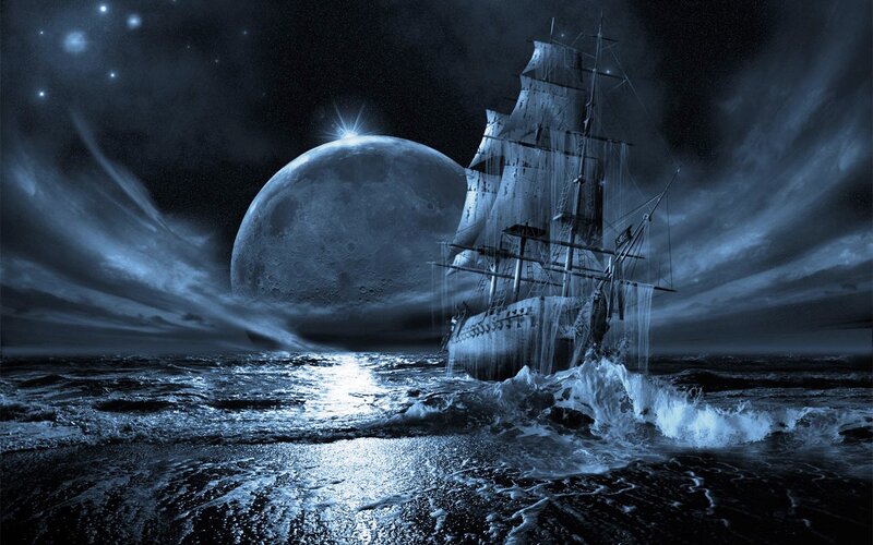 Sailing Ship at Night — Blue, Dramatic, Digital Art, Moon, Ocean