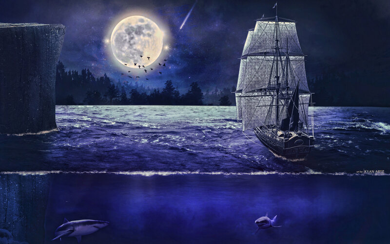 Sailing Ship at Night — Blue, Dramatic, Digital Art, Moon, Sharks