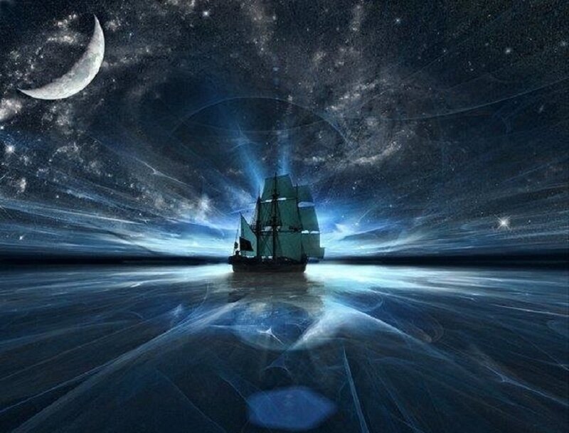 Sailing Ship at Night — Blue, Dramatic, Digital Art, Moon, Stars, Galaxy
