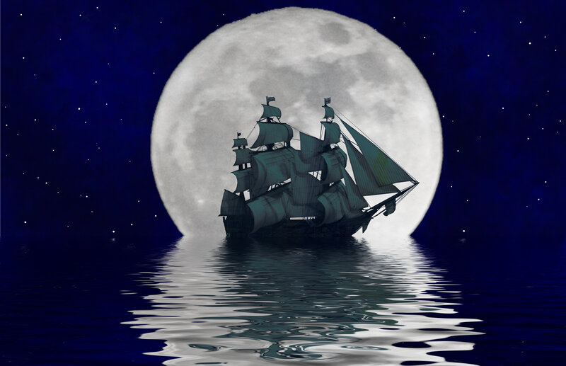 Sailing Ship at Night — Blue, Dramatic, Digital Art, Moon, Stars