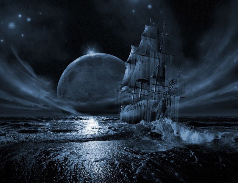 Sailing Ship at Night — Blue, Dramatic, Digital Art, Moon