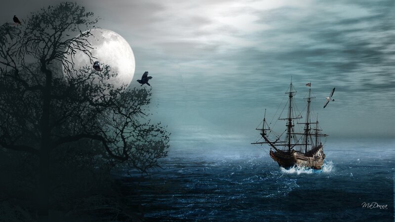 Sailing Ship at Night — Blue, Dramatic, Digital Art, Moon, Tree