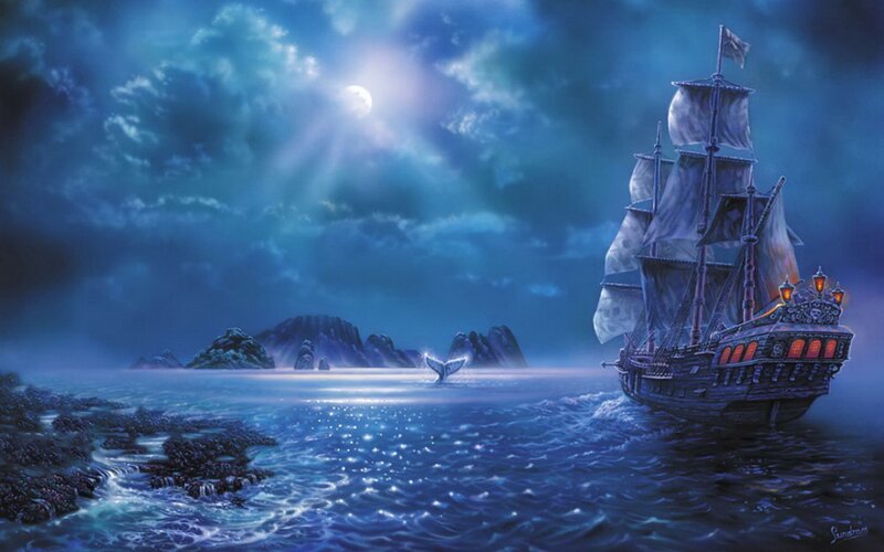 Sailing Ship at Night — Blue, Dramatic, Digital Art, Moon, Whale Tail