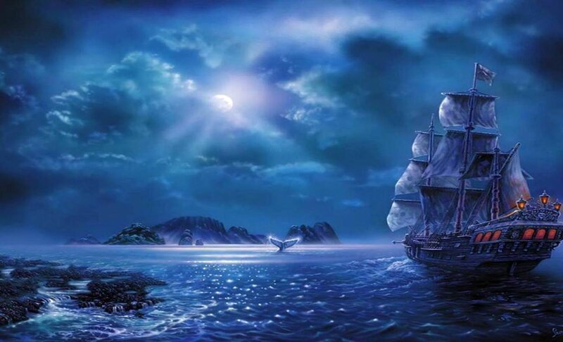 Sailing Ship at Night — Blue, Dramatic, Digital Art, Moon, Whale