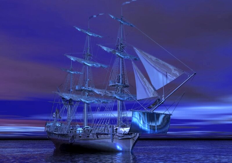 Sailing Ship at Night — Blue, Dramatic, Digital Art, Ocean, Sky
