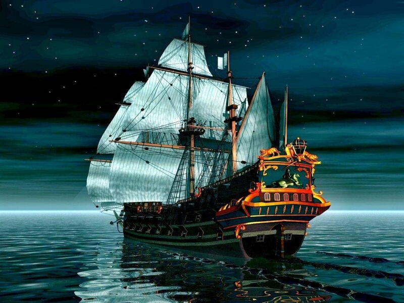 Sailing Ship at Night — Blue, Dramatic, Digital Art, Ocean, Stars, Sails