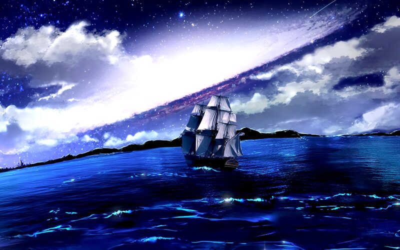 Sailing Ship at Night — Blue, Dramatic, Digital Art, Ocean, Stars