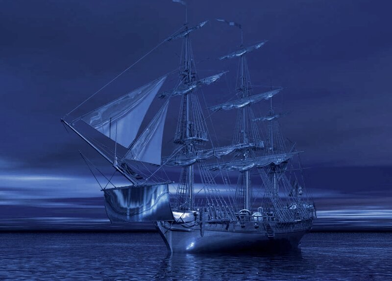 Sailing Ship at Night — Blue, Dramatic, Digital Art, Ocean