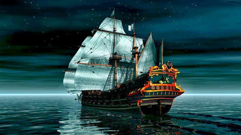 Sailing Ship at Night — Blue, Dramatic, Digital Art, Sails, Stars, Ocean