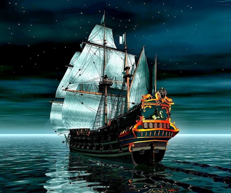 Sailing Ship at Night — Blue, Dramatic, Digital Art, Sails, Stars