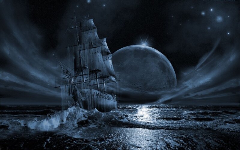 Sailing Ship at Night — Blue, Dramatic, Digital Art
