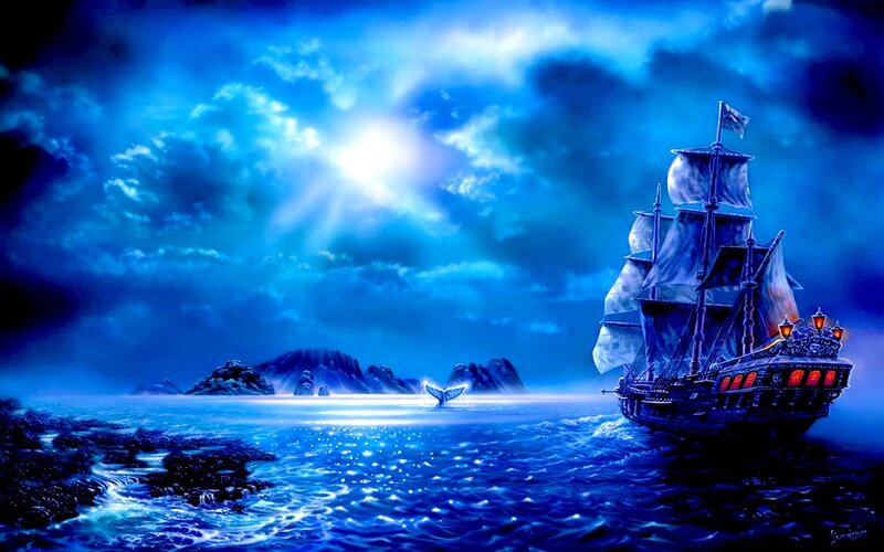 Sailing Ship at Night — Blue, Dramatic, Digital Art, Whale Tail