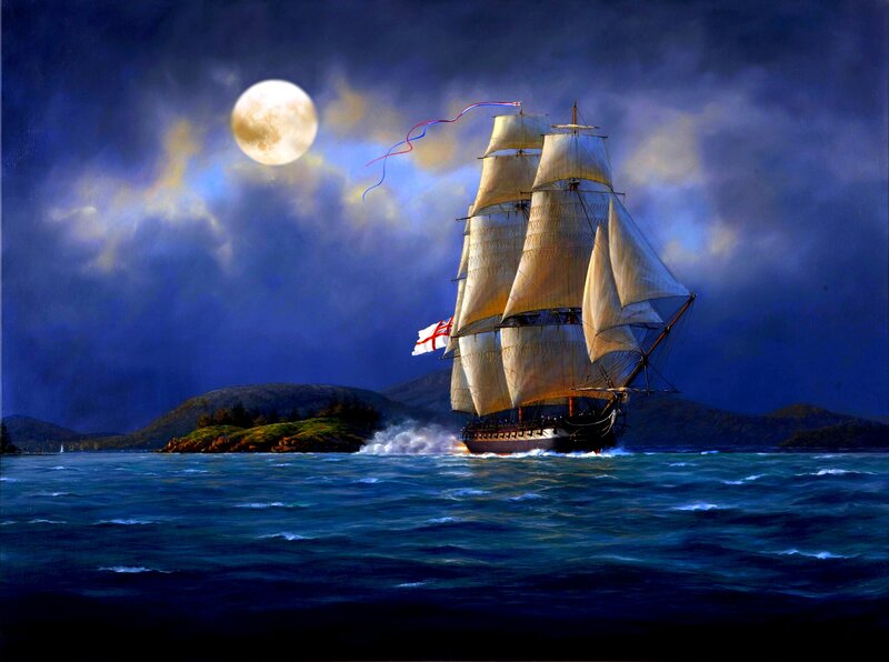 Sailing Ship at Night — Blue, Dramatic, Painting, Moon