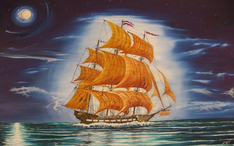 Sailing Ship at Night — Blue, Dramatic, Painting