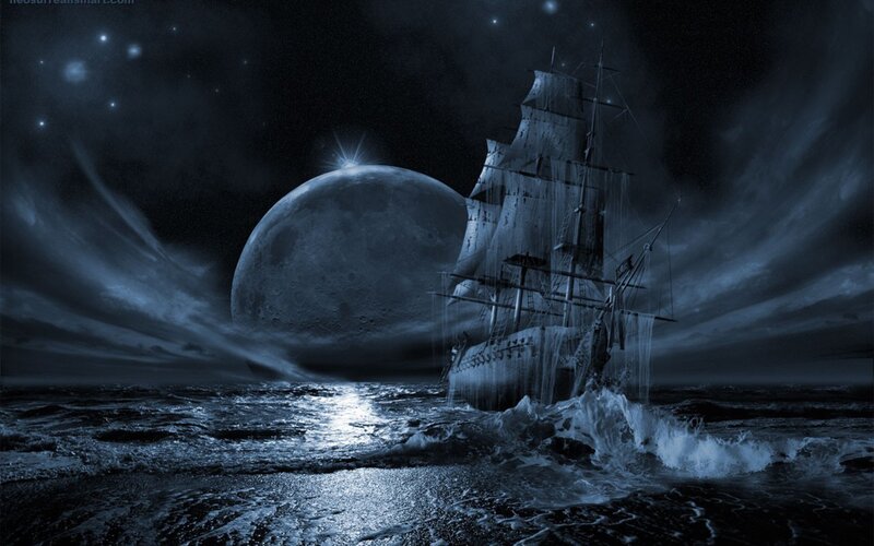 Sailing Ship at Night — Blue, Dramatic