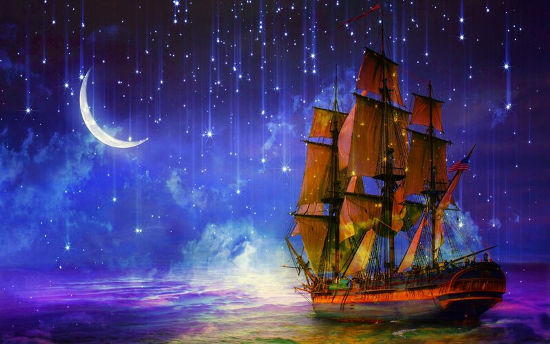 Sailing Ship at Night — Blue, Dreamy