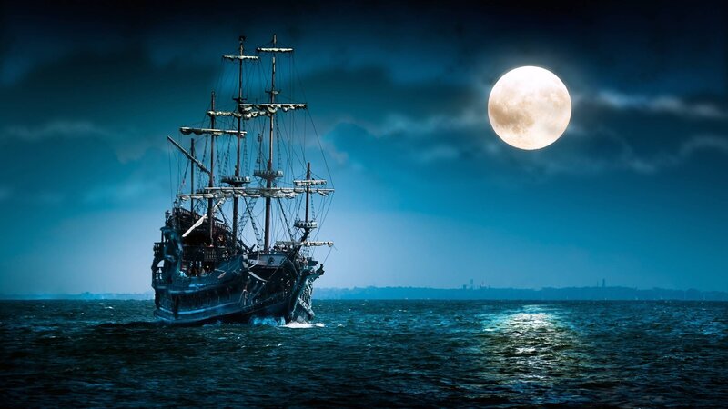 Sailing Ship at Night — Blue, Ocean