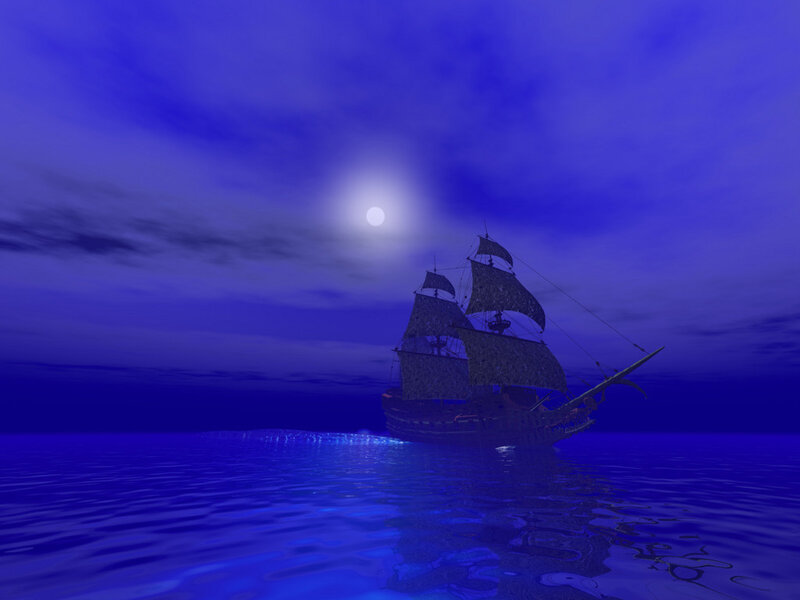 Sailing Ship at Night — Blue, Serene, 3d Render, Moon