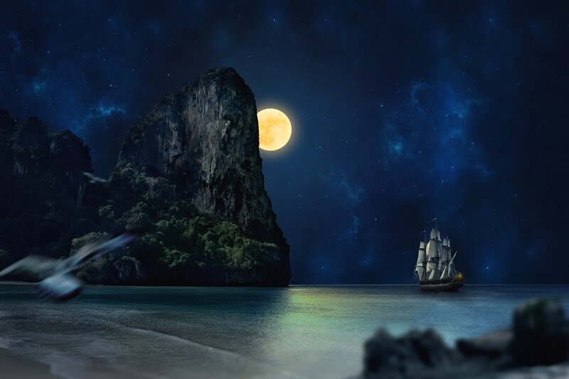 Sailing Ship at Night — Blue, Serene, Digital Art, Moon