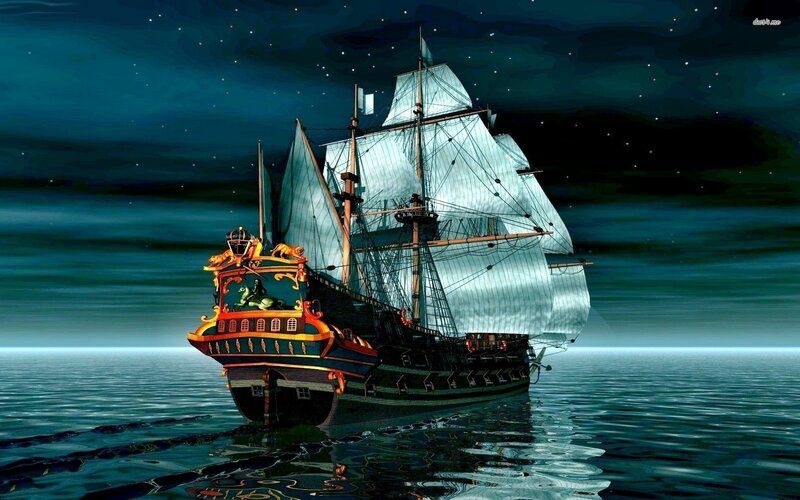 Sailing Ship at Night — Blue, Serene, Digital Art, Ocean