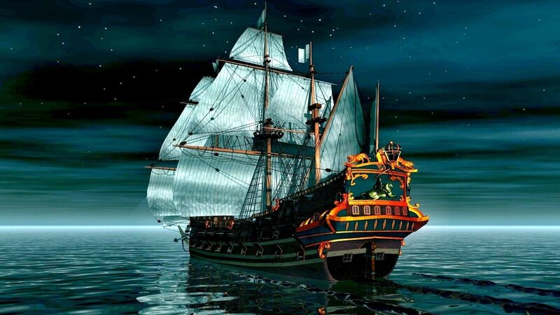 Sailing Ship at Night — Blue, Serene, Digital Art