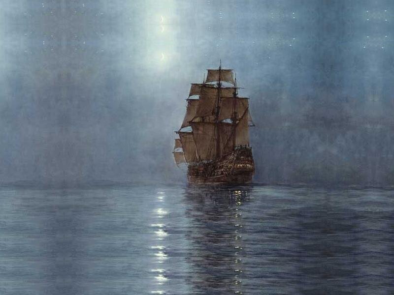 Sailing Ship at Night — Blue, Serene, Painting