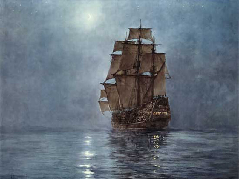 Sailing Ship at Night — Blue, Serene