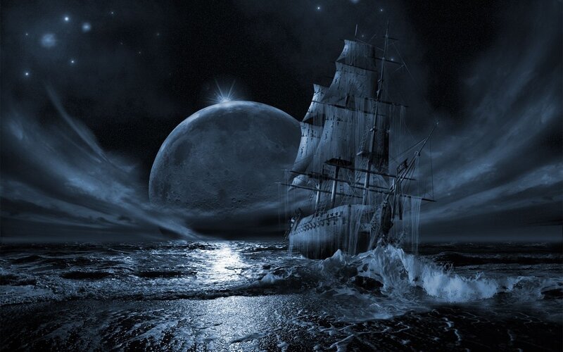 Sailing Ship at Night — Blue