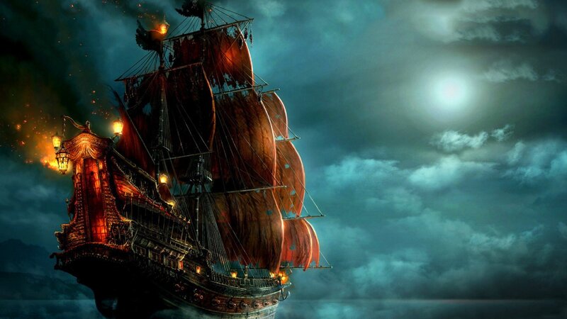 Sailing Ship at Night — Dark Blue, Dramatic, Digital Art, Moon, Clouds, Lanterns