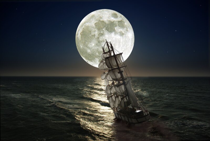 Sailing Ship at Night — Dark Blue, Dramatic, Digital Art, Moon
