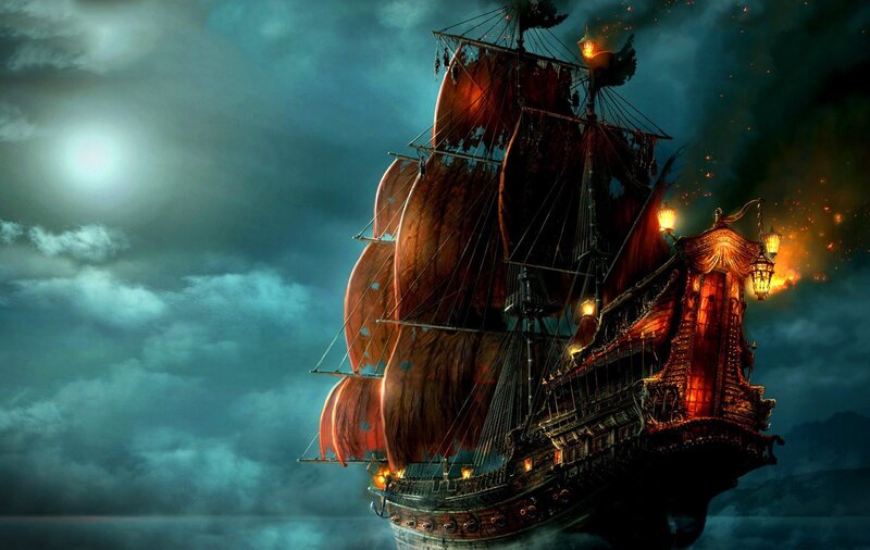 Sailing Ship at Night — Dark Blue, Dramatic, Digital Art