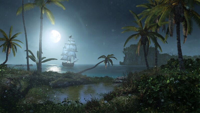 Sailing Ship at Night — Green, Serene