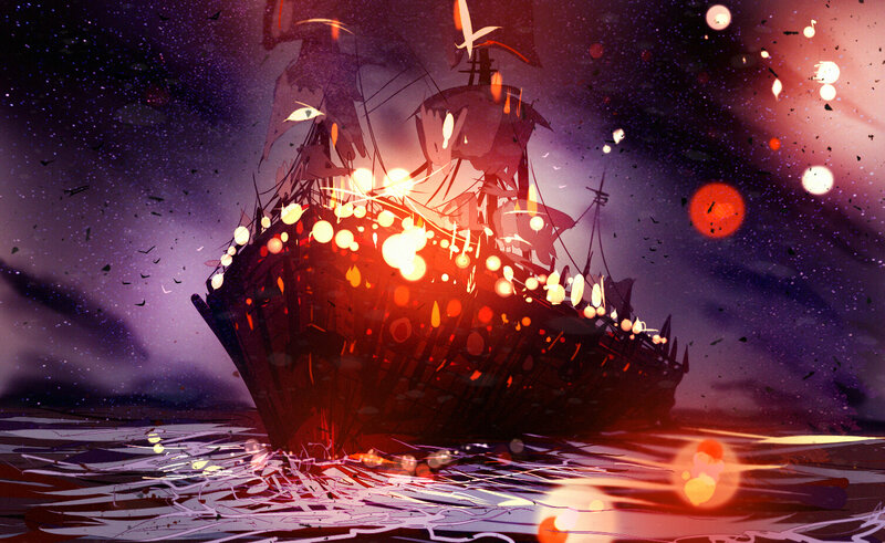 Sailing Ship at Night — Purple, Dramatic, Digital Art