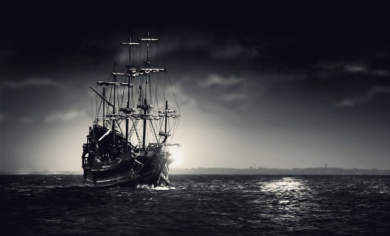 Sailing Ship at Sea — Black, Dramatic, Sunset, Photograph, Ocean, Sky