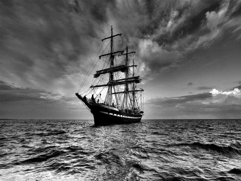 Sailing Ship at Sea — Black, Dramatic, Sunset, Photograph