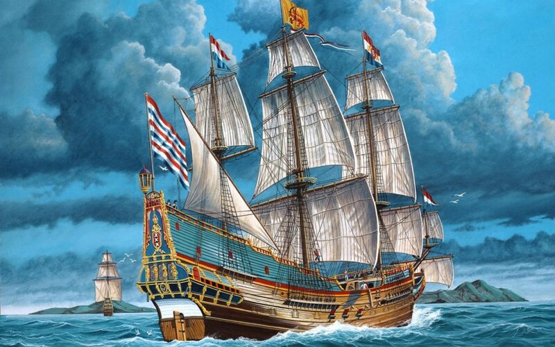 Sailing Ship at Sea — Blue, Dramatic, Afternoon, Illustration, Flags