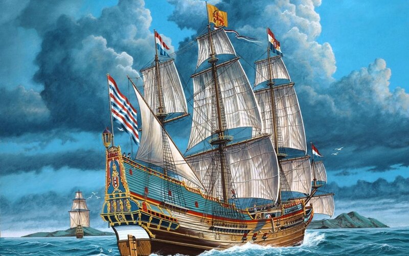 Sailing Ship at Sea — Blue, Dramatic, Afternoon, Illustration, Ocean
