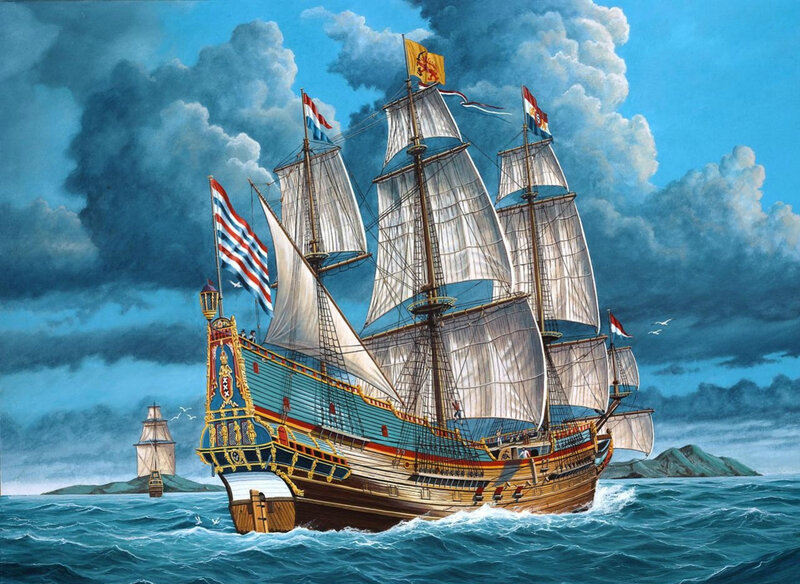 Sailing Ship at Sea — Blue, Dramatic, Afternoon, Illustration