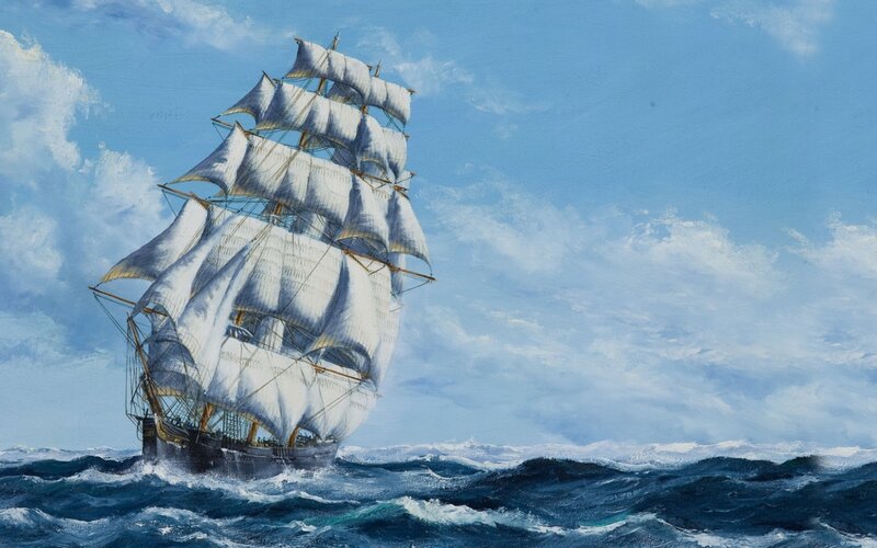 Sailing Ship at Sea — Blue, Dramatic, Afternoon, Painting, Ocean, Sky