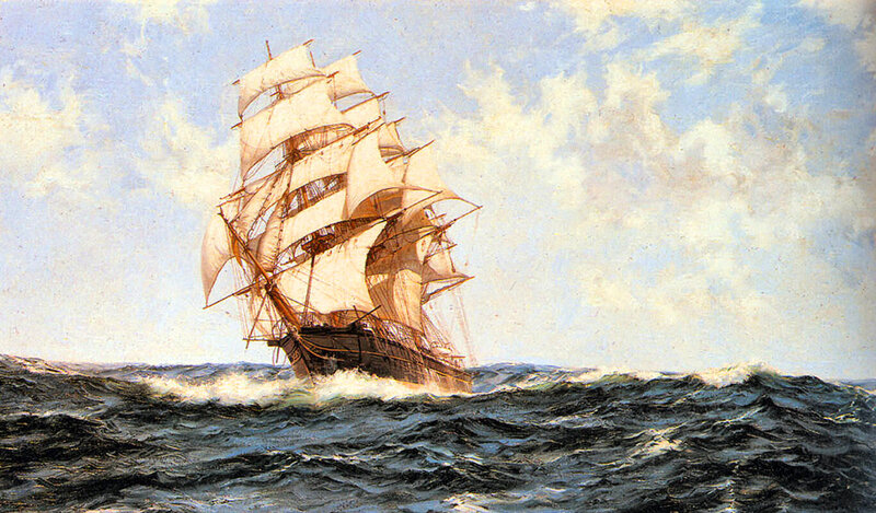 Sailing Ship at Sea — Blue, Dramatic, Afternoon, Painting, Ocean
