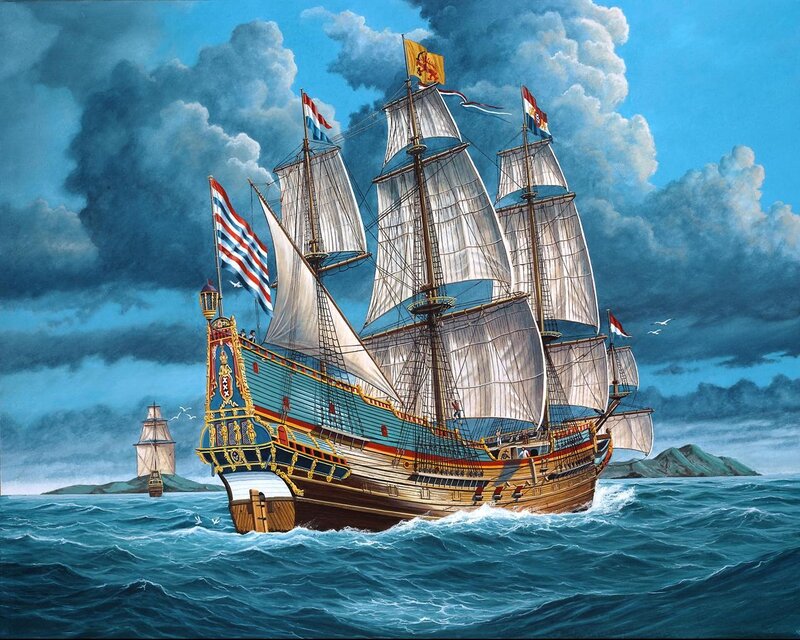 Sailing Ship at Sea — Blue, Dramatic, Afternoon