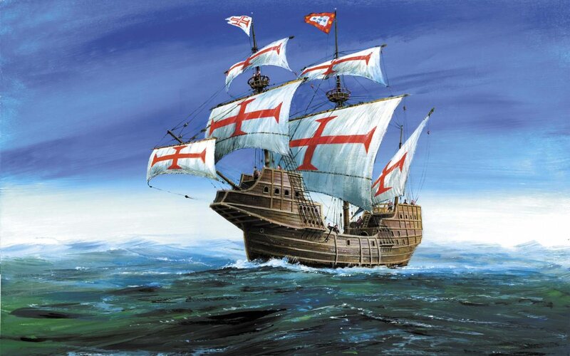 Sailing Ship at Sea — Blue, Dramatic, Illustration