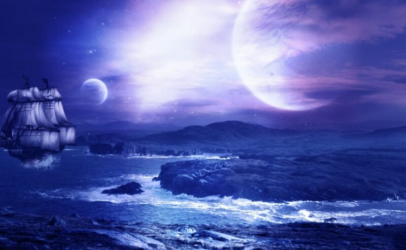 Sailing Ship at Sea — Blue, Dramatic, Night, Digital Art, Moon, Planet