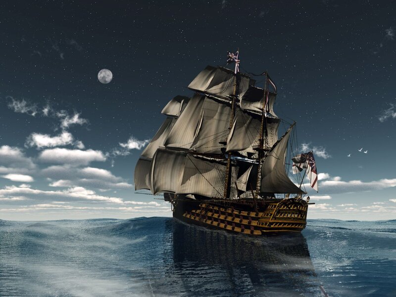 Sailing Ship at Sea — Blue, Dramatic, Night, Digital Art, Moon