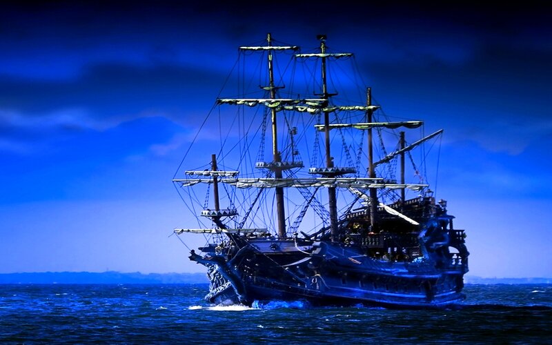 Sailing Ship at Sea — Blue, Dramatic, Night, Digital Art, Ocean, Sky